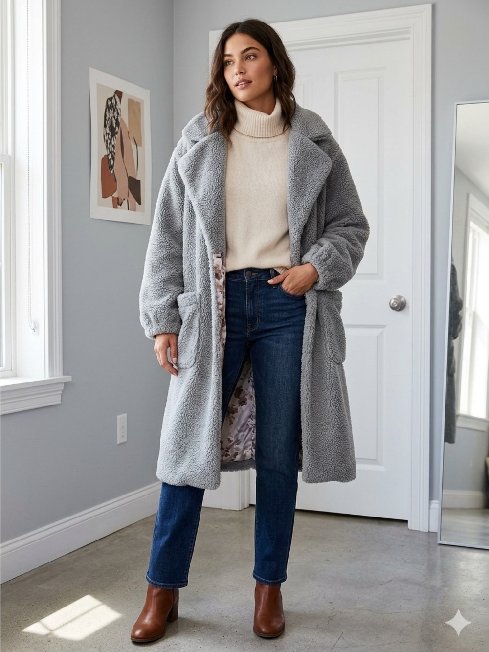Free People Long Teddy Coat in Light Gray